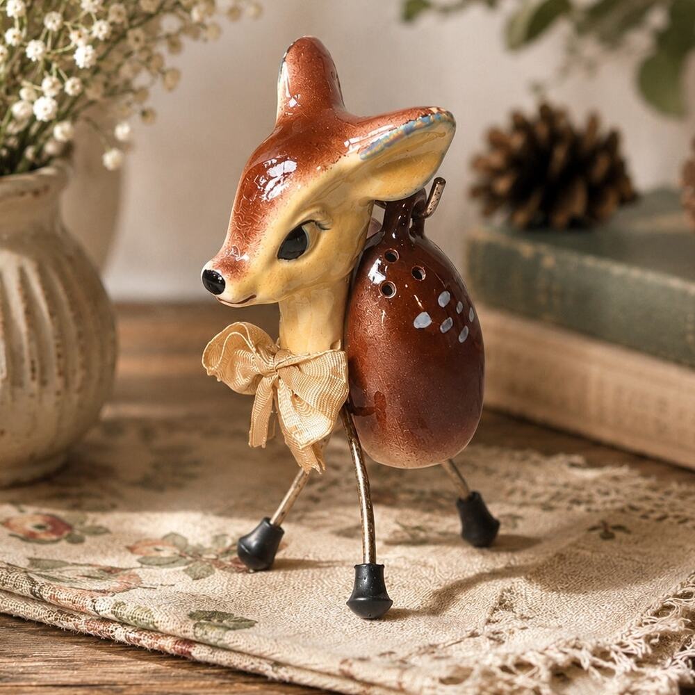 RARE Vintage 1950s Japan Bambi Fawn Salt Pepper Shakers Wire Caddy MCM Kitsch